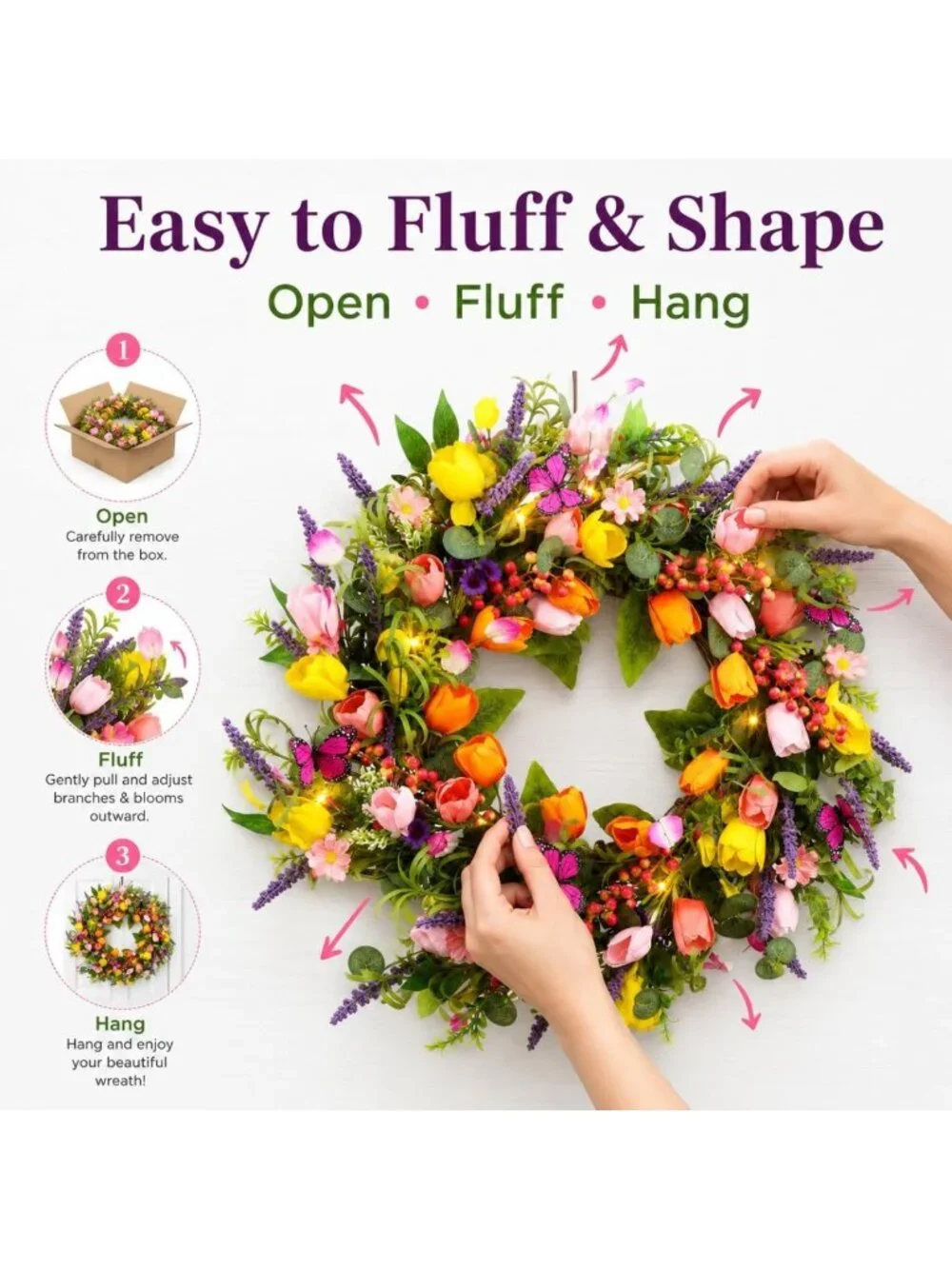 24-Inch Spring Tulip Wreath with Lights & Butterflies for Indoor/Outdoor Decor